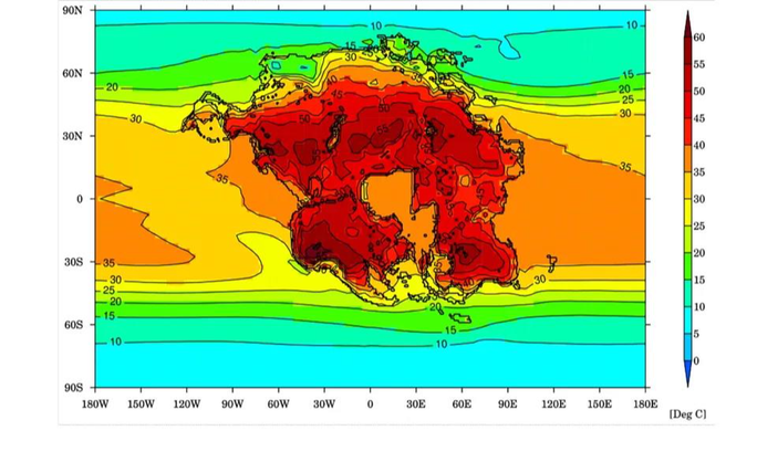 Siêu lục địa tương lai Pangea Ultima có thể là tin rất xấu đối với loài người, thể hiện qua bản đồ nhiệt tàn khốc - Ảnh: ĐẠI HỌC BRISTOL ảnh 1
