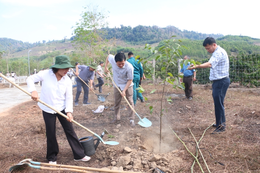 Các đồng chí trong Thường trực HĐND và UBND tỉnh trồng cây lưu niệm tại Nhà Bia di tích. Ảnh: Quang Tấn